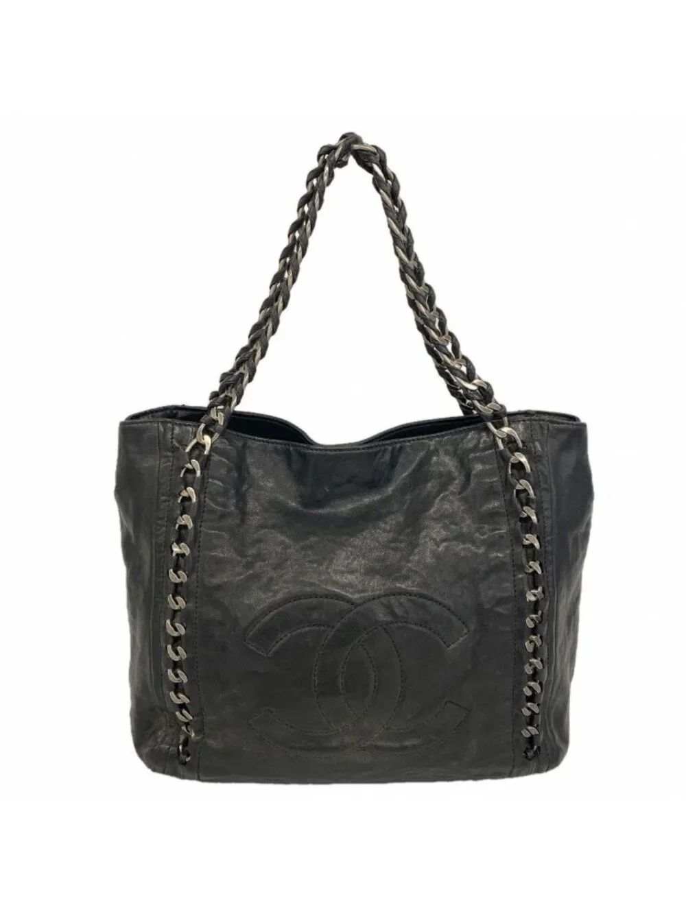 Chanel Chain Tote Leather Black Silver